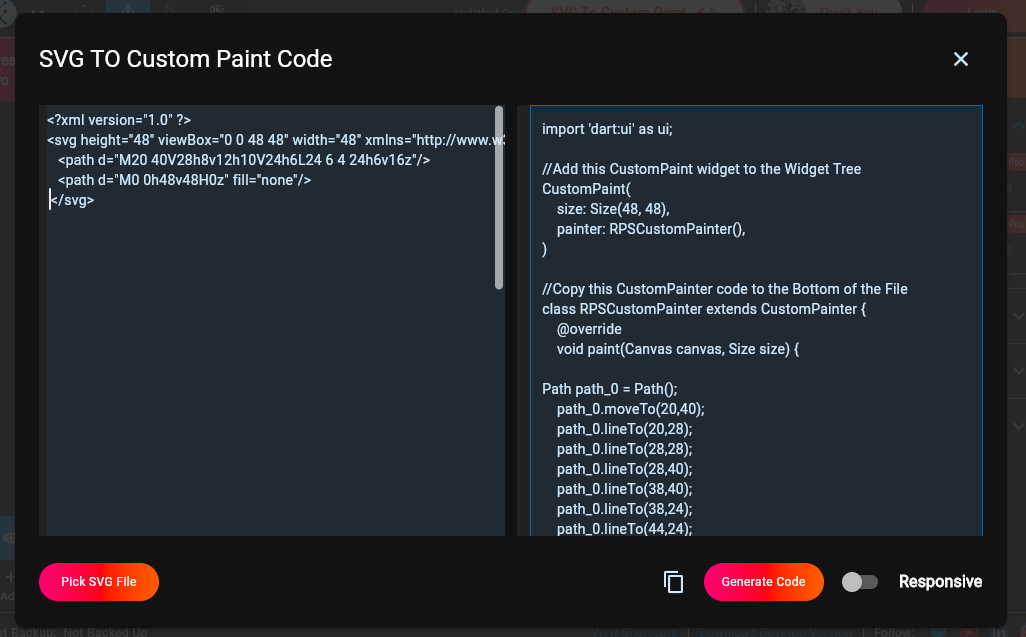 The Flutter Shape Maker Tool being used to convert an SVG image into a Custom Painter